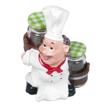 Foodie Chef Figurine Resin Holder with 2 Glass Condiment Jars (Up & Down) (Back Carrying)